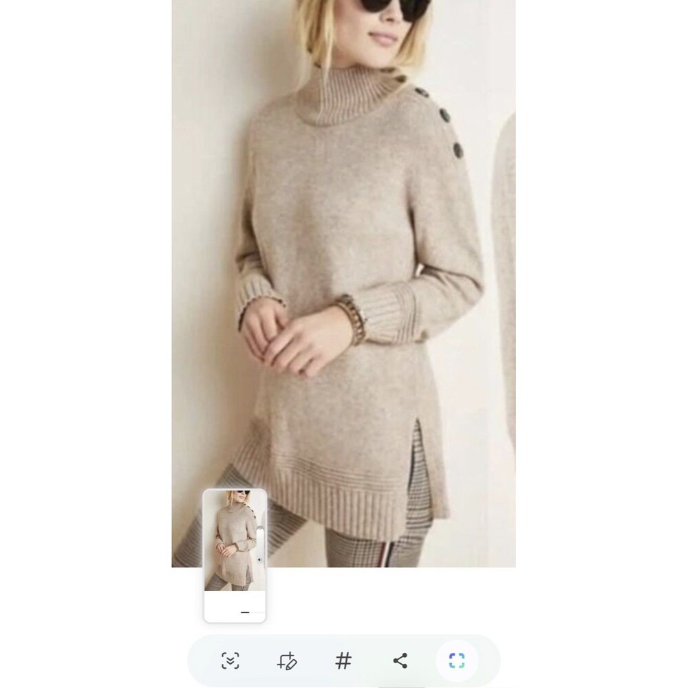 Anthropologie Women's Beige Button Shoulder Mock Neck Pullover Sweater S